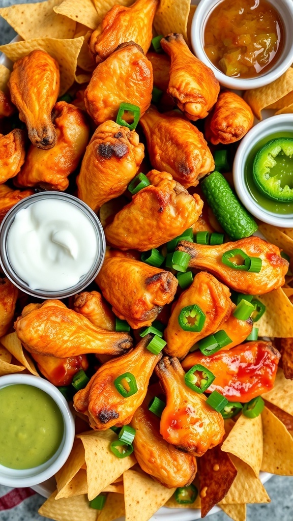A platter of spicy chicken wings with ranch dressing and loaded nachos topped with cheese and jalapeños.